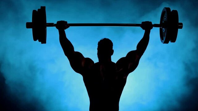 Back view of sporty bodybuilder lifting barbell from behind his head in dark gym with dumbbells and kettlebell. Muscular man with naked torso doing exercises for muscles of back, deltoid, arms. 4k 