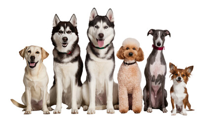 Naklejka premium Dogs lined up together for a portrait in front of a seamless white background.