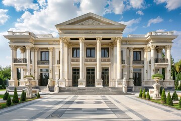 Fototapeta premium A grand neoclassical structure with towering white columns and ornate pillars, Create a grandiose neoclassical building with ornate columns and symmetrical design