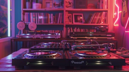 Two turntables are set up on a table in a music studio. There are bookshelves in the background, filled with books and framed artwork.