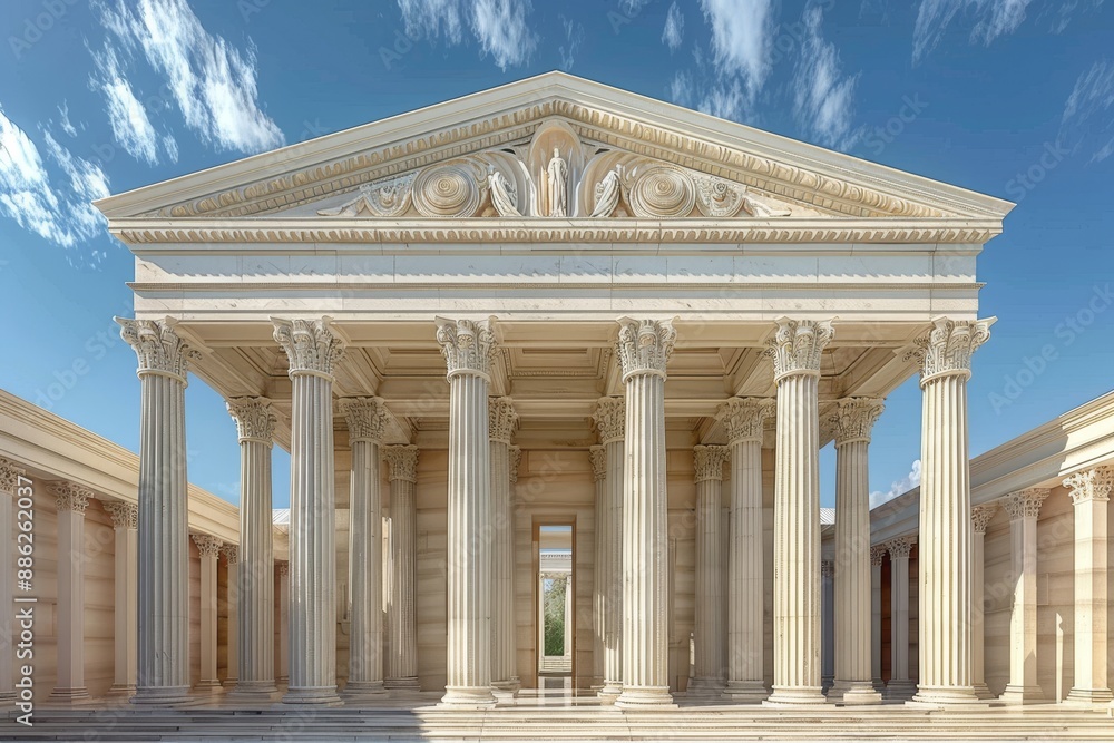Poster a grand white building featuring impressive columns and pillars, create a grandiose neoclassical bui