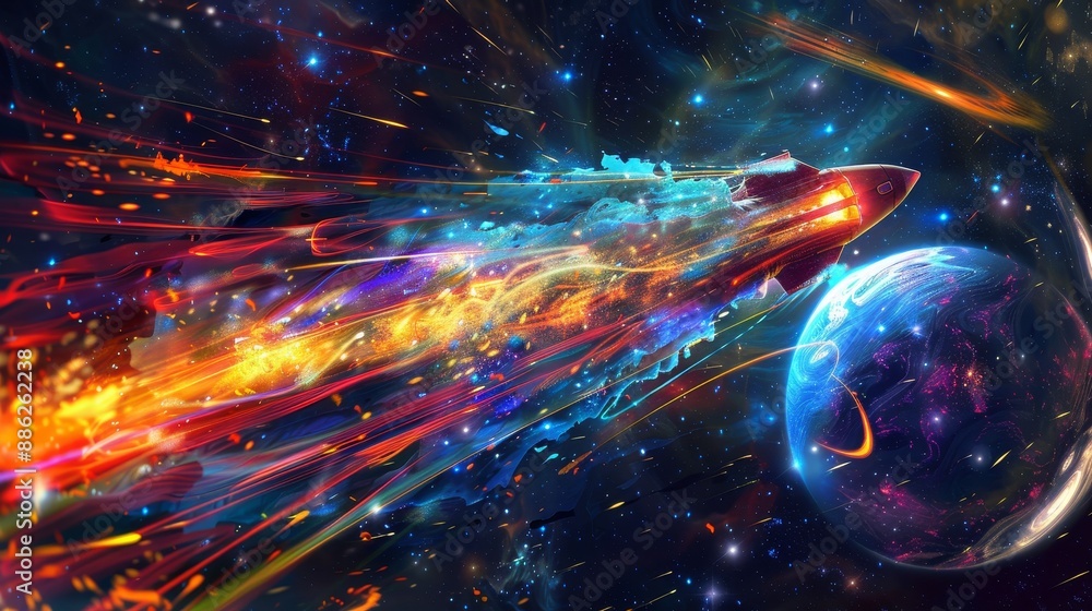 Poster intense 3d graphic concept with a flying rocket and planets in space. low poly style design. abstrac