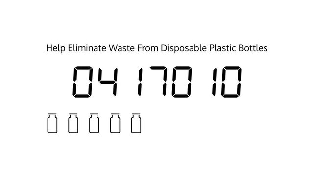 Animation Promoting Waste Reduction by Eliminating Disposable Plastic Bottles, Featuring a Large Digital Number Display that Counts Up, Increasing the Number of Bottle Icons as the Count Rises
