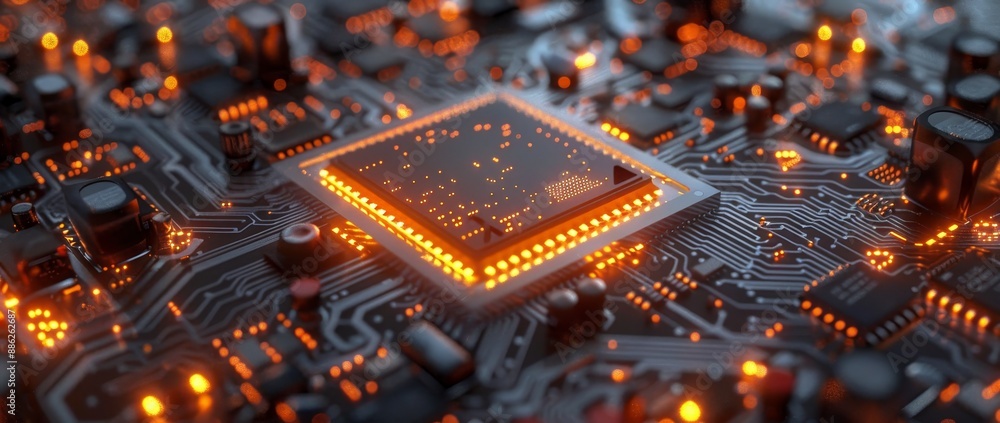 Poster Phone chip and CPU. Phone repair and maintenance banner. Disassembled components. Processor of a cellphone at the inside of its case. Concept for technological development.