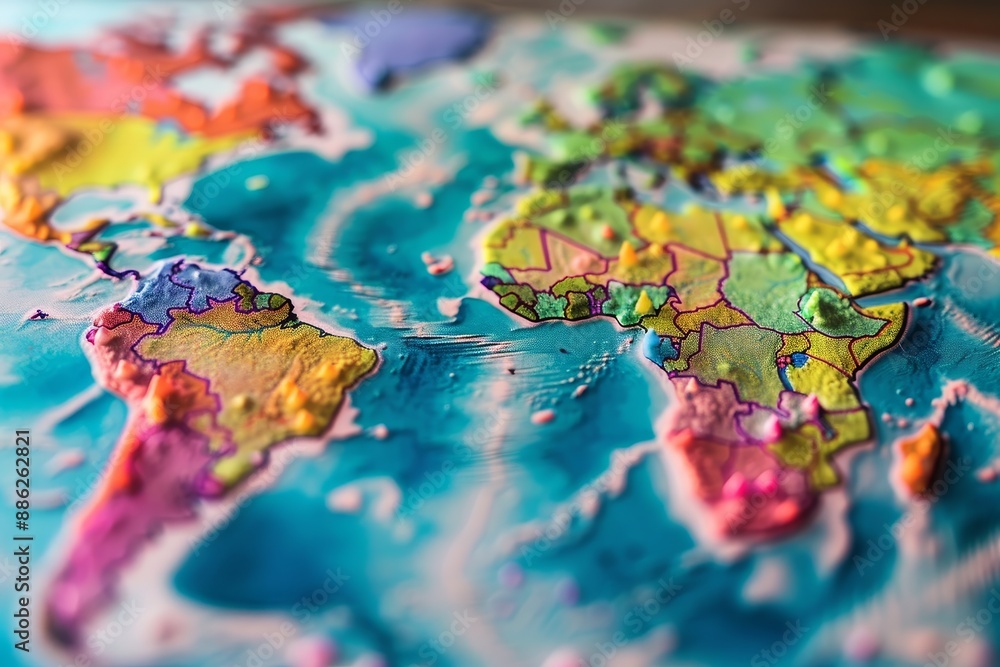 Poster detailed close-up view of a world map, showcasing geographical distribution and boundaries, create a