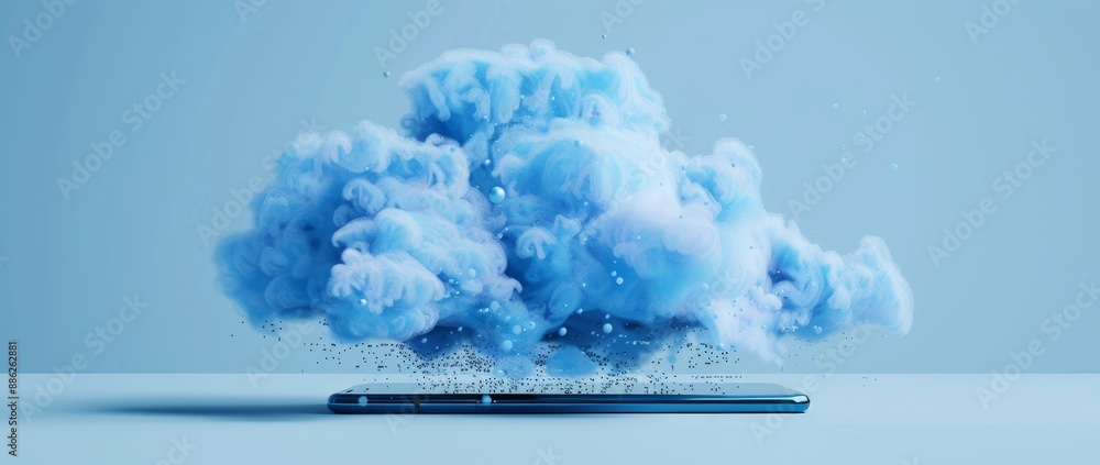 Poster A angular 3D cloud icon appears on the screen of a smart phone. Cellphones are used to synchronize data with cloud storage.