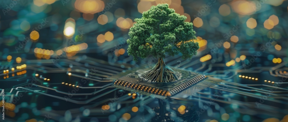 Poster An abstract image of a computer circuit board converging is surrounded by a tree surrounded by soil. It is surrounded by wireframe networks and blue light.