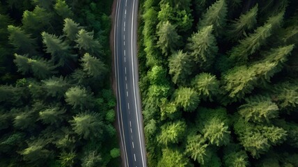 This captivating aerial image depicts a single green lorry navigating a serpentine road through an expansive, verdant forest. road winds out of sight, representing continuous pursuit of sustainability