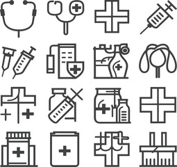 Medical vector line art set icons  silhouettes style with white background 