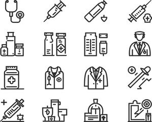 Medical vector line art set icons  silhouettes style with white background 