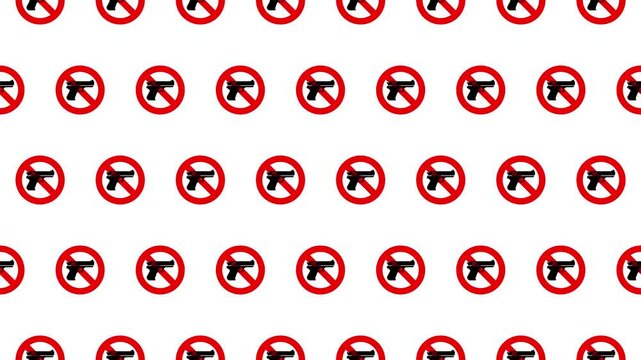 Seamless loop pattern of gun icons with no symbol on a white background. Infographic and pictogram background. Public Safety and Order, Anti-Violence. 4K Motion Graphics.