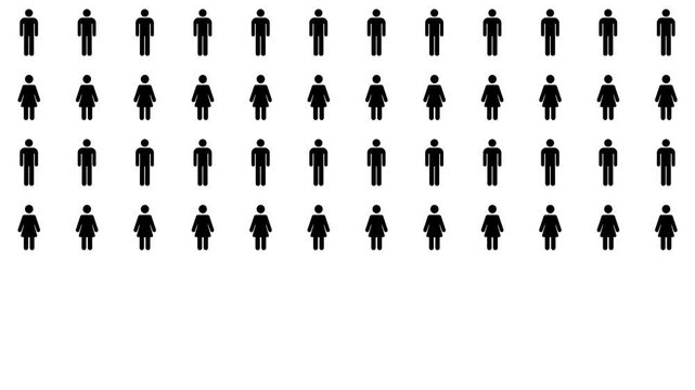 Men and Women icons increasing from left to right. Infographic background concept. White, Black, and Green Screen Background. Stylish pictogram, 4K motion graphic with blur and opacity animations