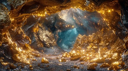 In a remote valley, within a colossal golden mine, countless gold nuggets and gemstones are embedded within the rocks.