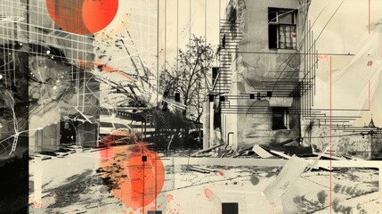 Abstract Urban Landscape with Geometric Shapes and Ruined Buildings