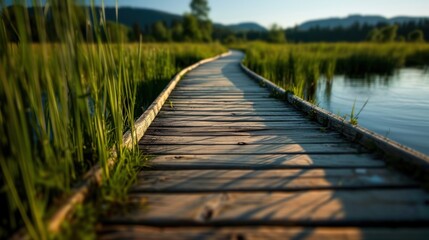 Fototapeta premium A beautiful photograph featuring a wooden path winding through a grassy field, with a serene lake and wooden dock blurred in the background, providing a tranquil and picturesque scene