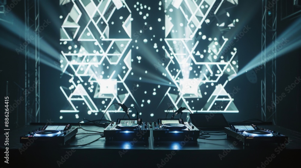 Poster Two DJ mixers are set up in front of a geometric light projection on a stage.
