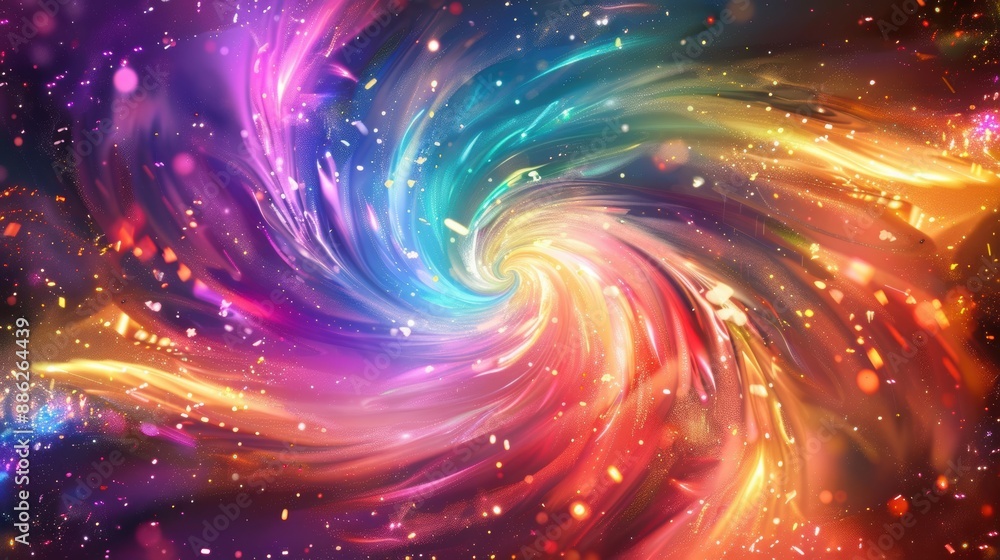 Poster a colorful and vibrant background with swirling energy patterns and sparkling particles, illustratin