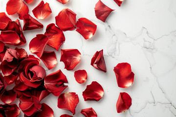 Fototapeta premium Valentine's Day background with red rose petals on a white table top in a view, flat lay, space for text stock photo contest winner, high resolution