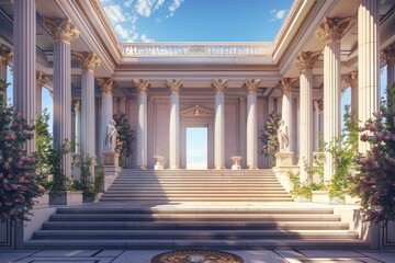 Naklejka premium Grand Neoclassical Building With Massive Staircase, Create a neoclassical building with a grand staircase leading up to a majestic entrance