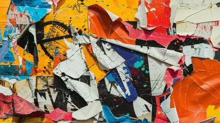 Vibrant Urban Street Art Collage with Colorful Torn Posters and Layers of Paper