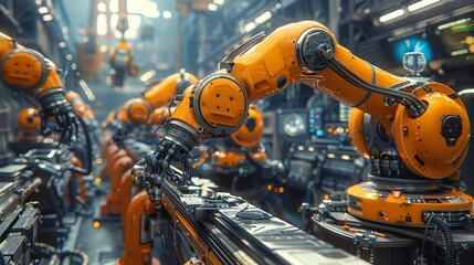 Fototapeta premium In a workshop, robotic arms are busy working in the workshop. 