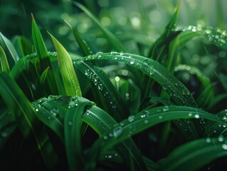 Fototapeta premium Dew Drops on Lush Green Grass, Nature's Simplicity Captured in Water Droplets Tumbling on Blades of Grass, a Serene Image of Tranquility and Freshness
