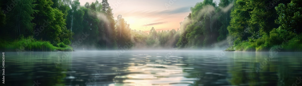 Poster serene morning mist on a calm lake surrounded by lush trees, tranquil nature scene with soft light f