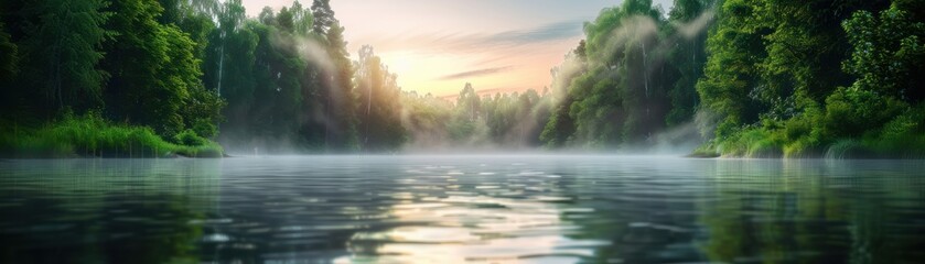 Fototapeta premium Serene Morning Mist on a Calm Lake Surrounded by Lush Trees, Tranquil Nature Scene with Soft Light Filtering Through the Fog Creating a Magical Atmosphere, Perfect for Desktop Background or Nature