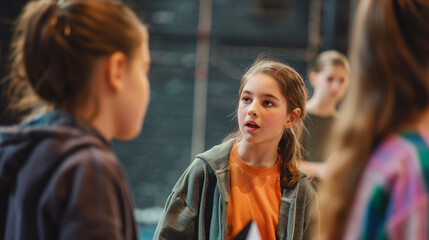 Obraz premium some young teen teenager actress and actors on a theatre rehearsal