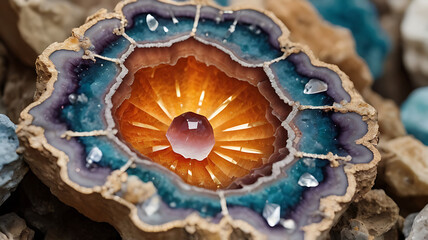 A close-up of a geode with colorful crystals and intricate patterns inside