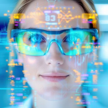 A businesswoman using augmented reality glasses to view financial data and analytics.