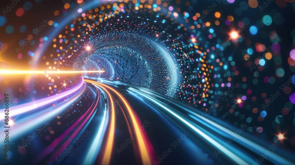 Poster a high-tech digital tunnel with sparkling lights and data particles swirling around, representing th