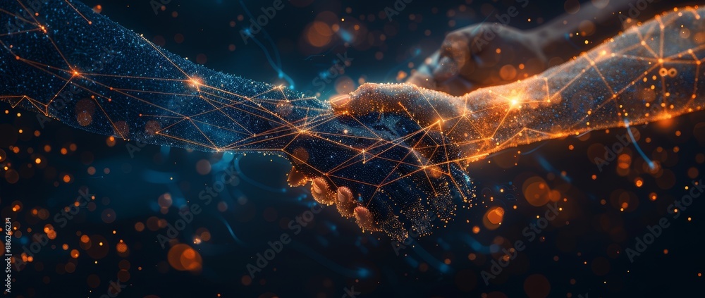 Poster Using stock and machine learning, human hands touching big data network connections, science and stock technology, and innovation.