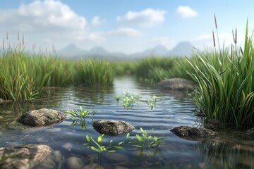 Fototapeta premium Tranquil Clear Water in a Natural Basin Surrounded by Lush Grass and Mountains, A Serene Landscape Scene