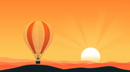 Fire flame, hot air balloon rising at sunset, flat design illustration