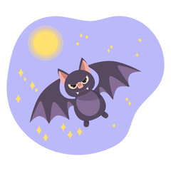 Cute purple bat flying at night with full moon, halloween illustration