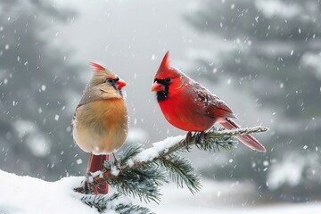 A male and female cardinal perched side by side on a frosty pine branch, with the male's red plumage and the female's muted tones standing out against the snowy landscape. 