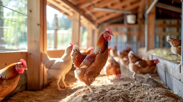 A modern chicken coop with automated feeding systems and clean, spacious living conditions for the chickens