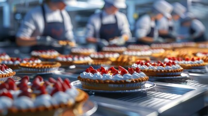 Freshly Baked Strawberry Pies on Display in a Commercial Bakery Kitchen