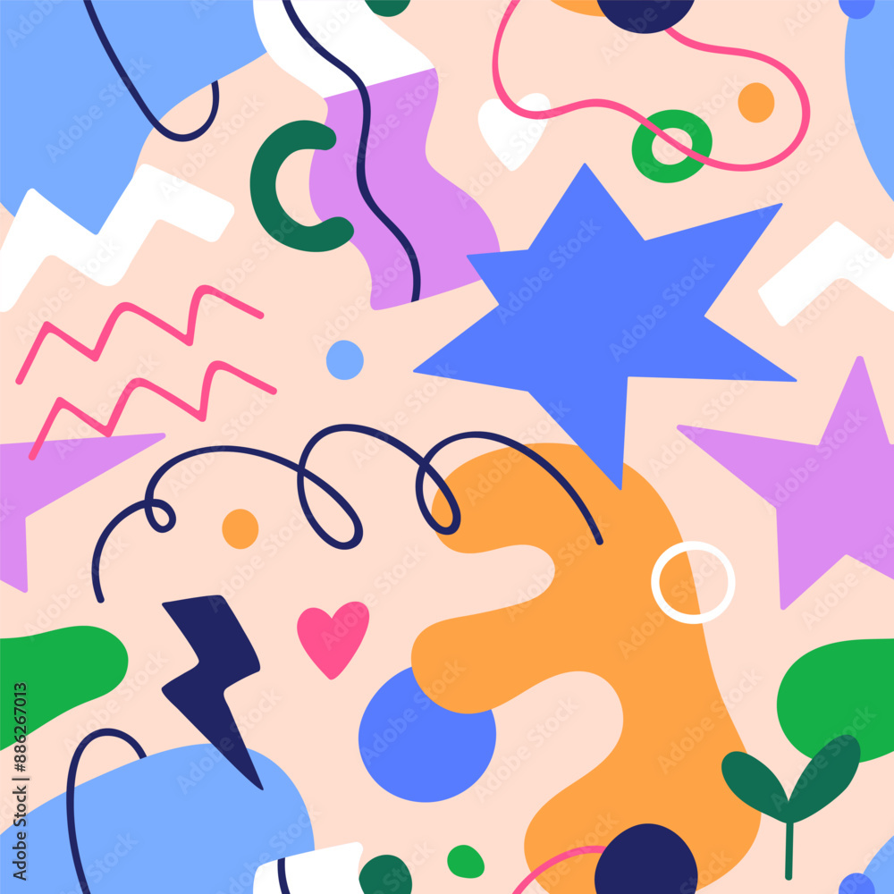 Poster Abstract doodle pattern. Seamless colorful background, repeating print with scribble elements, organic shapes. Endless texture design for wrapping, textile, fabric. Colored flat vector illustration
