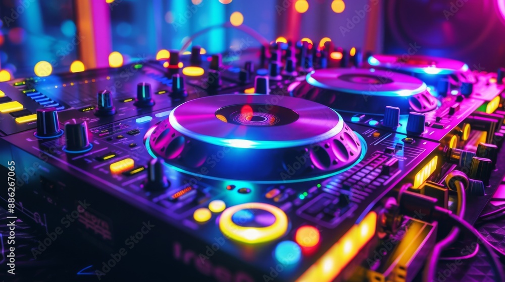 Aufkleber a close-up shot of a dj mixer with colorful lights reflecting off of its surface.
