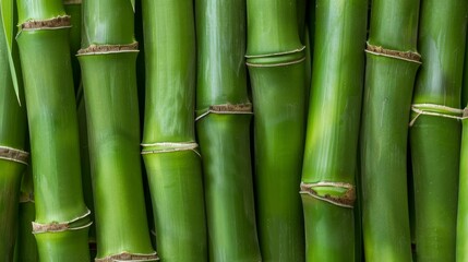 An up-close photo of a bamboo plant with a lot of green stalks in the foreground and a smooth top in the background.