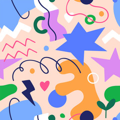 Abstract doodle pattern. Seamless colorful background, repeating print with scribble elements, organic shapes. Endless texture design for wrapping, textile, fabric. Colored flat vector illustration