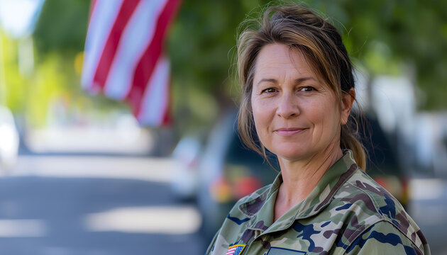 Veterans Day. Portrait of caucasian middle aged woman wearing military uniform stands outdoors on background of street with USA flag.