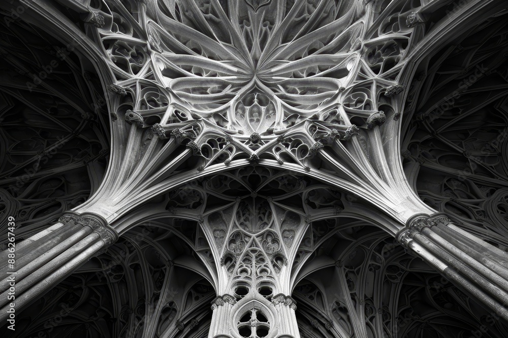 Poster a black and white view of intricate architectural details on the ceiling of a cathedral, create a se