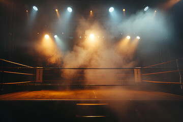 Dramatic spotlight on an empty boxing ring shrouded in smoke