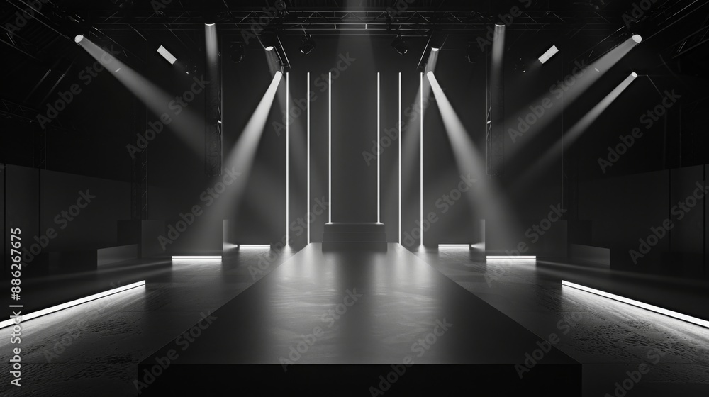 Poster A stage with a raised platform in the middle, illuminated by bright lights in a dark room. The lights shine down from the ceiling, creating streaks of light across the floor.