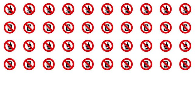 Prohibition of alcohol infographic background. Dual pictograms for wine and beer lined up from left to right, with a no symbol. Concept of restrictions due to health, events and religious reasons