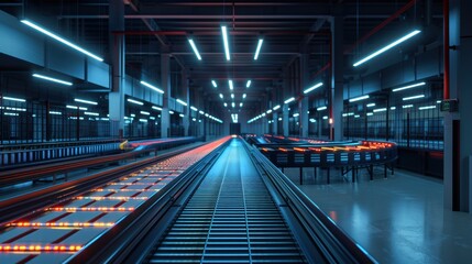 An AI-driven conveyor belt system in a warehouse, automatically sorting and directing packages to the appropriate shipping areas