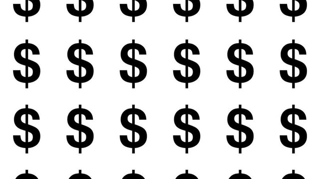 A seamless loop pattern of black US dollar icons on a white background. The question marks smoothly and repeatedly change size and move up and down. Concept of Money, Finance and Economy